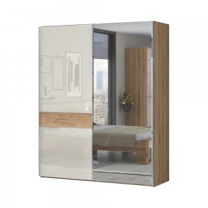 Dulap din pal si MDF, cu 2 usi glisante si oglinda, Gala Small PK181-OG/GL Bej / Nuc Pacific, l182xA61xH224 cm