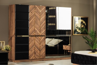 Dulap din pal si MDF, cu 2 usi glisante si oglinda, Monaco Negru / Natural, l251xA65xH217 cm