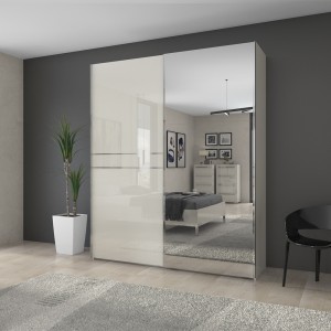 Dulap din pal si MDF, cu 2 usi glisante si oglinda, Piano PK181-OG/PN Small Bej, l182xA61xH224 cm