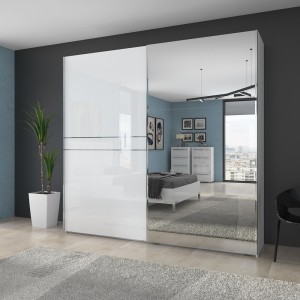 Dulap din pal si MDF, cu 2 usi glisante si oglinda, Piano PK231-OG/PN Medium Alb, l230xA61xH224 cm