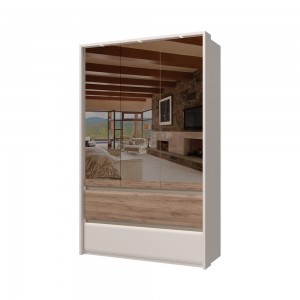 Dulap din pal si MDF, cu 3 usi, 2 sertare, oglinda si LED inclus, Invictus P32-OG/IC Stejar Tobacco / Crem, l142xA60xH226 cm