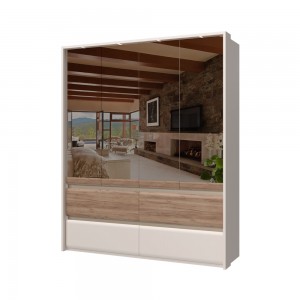 Dulap din pal si MDF, cu 4 usi, 4 sertare, oglinda si LED inclus, Invictus Mirror P44-4OG/IC Stejar Tobacco / Crem, l187xA60xH226 cm