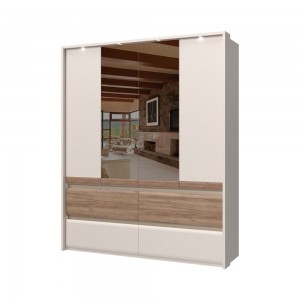 Dulap din pal si MDF, cu 4 usi, 4 sertare, oglinda si LED inclus, Invictus Two Mirror P44-2OG/IC Stejar Tobacco / Crem, l187xA60xH226 cm