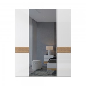 Dulap din pal si MDF, cu 4 usi si oglinda, Avis P4-2OG/AV Alb / Nuc Pacific, l182xA56xH224 cm