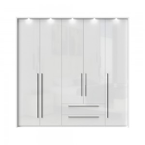 Dulap din pal si MDF, cu 5 usi, 2 sertare si LED inclus, Piano Stripes P52B/PN Alb, l232xA60xH226 cm