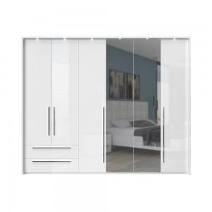 Dulap din pal si MDF, cu 6 usi, 2 sertare, oglinda si LED inclus, Piano Stripes P62B-2OG/PN Alb, l277xA60xH226 cm