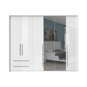 Dulap din pal si MDF, cu 6 usi, 2 sertare si oglinda, Piano Stripes P62A-2OG/PN Alb, l277xA60xH226 cm