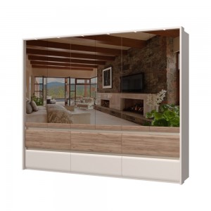 Dulap din pal si MDF, cu 6 usi, 6 sertare, oglinda si LED inclus, Invictus Mirror P66-6OG/IC Stejar Tobacco / Crem, l277xA60xH226 cm