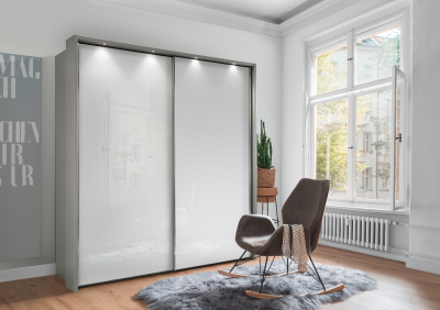 Dulap din pal si sticla, cu 2 usi glisante si sistem LED, Monaco III Small Alb / Gri, l210xA67xH240 cm