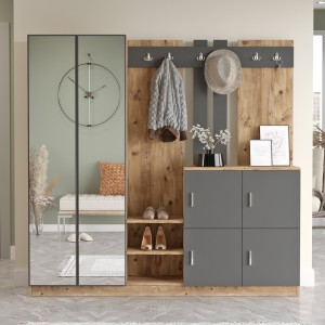 Dulap hol cu oglinda si cuier, din pal cu 6 usi Gibson Large DD9-AA Antracit / Natural, l187,2xA37,5xH180 cm