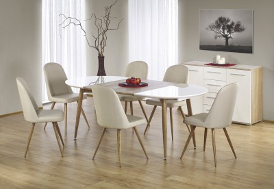 Set masa din MDF si metal Edvard White / Honey Oak + 6 scaune Kai-214 Cream / Honey Oak, L120-200xl100xH75 cm