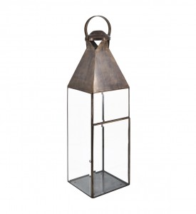 Felinar decorativ din sticla si metal, Rectangular Bezel Large Transparent / Alama, L22xl22xH80 cm