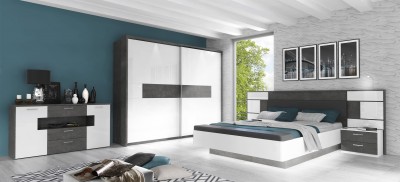 Set Mobila Dormitor din pal, cu pat 200 x 160 cm, 3 piese Forera Gri Inchis / Alb