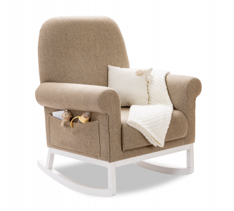 Fotoliu balansoar tapitat cu stofa, cu picioare din lemn Rocking Bej / Alb, l81xA85xH104 cm