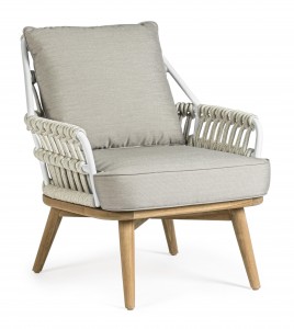 Fotoliu fix pentru gradina / terasa, din aluminiu si lemn de tec, cu perne detasabile, Kera Gri / Natural, l69xA77,5xH81 cm