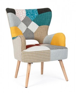 Fotoliu fix tapitat cu stofa si picioare din lemn, Galatea Queen Multicolor / Natural, l65xA68xH92 cm