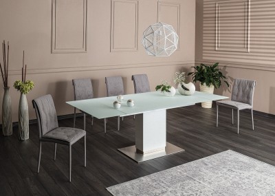 Set masa extensibila din sticla si MDF Horace White + 6 scaune tapitate Nalin Grey, L160-240xl90xH76 cm