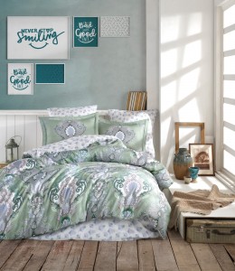 Lenjerie de pat din bumbac Satinat Mavarova Verde Mint / Alb, 200 x 220 cm