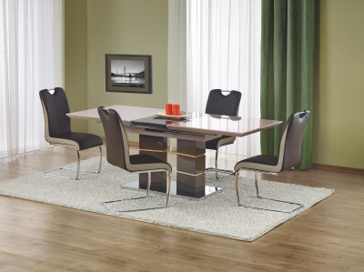 Set masa extensibila din MDF si metal Lordino Light Grey + 4 scaune Kai-184 Dark Brown, L160-200xl90xH75 cm