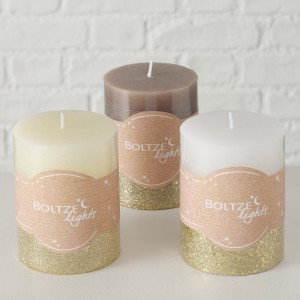 Set 3 Lumanari Decorative Mariza, Crem/Maro/Auriu, din Parafina, Rotunde Ø7xH9 cm