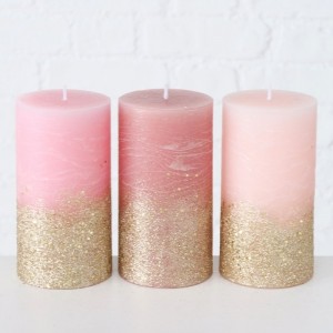 Set 3 Lumanari Decorative Mariza Glitter, Roz/Auriu, din Ceara, Timp de Ardere 55H, Rotunde Ø7xH13 cm