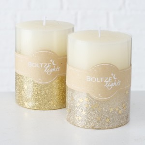 Set 2 Lumanari Decorative Praga, Crem/Auriu, din Ceara, Timp de Ardere 40H, Rotunde Ø7xH9 cm