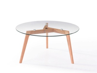 Masa rotunda de cafea din sticla cu picioare de lemn, Elma Beech, Ø90xh45 cm