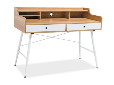 Masa de birou din MDF si metal, cu 2 sertare Benny-160 Stejar / Alb, L123xl56xH93 cm