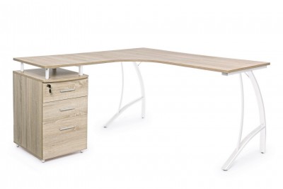 Masa de birou din MDF si metal, cu 3 sertare Kavita Corner Natural / Alb, L151,5xl55xH76 cm