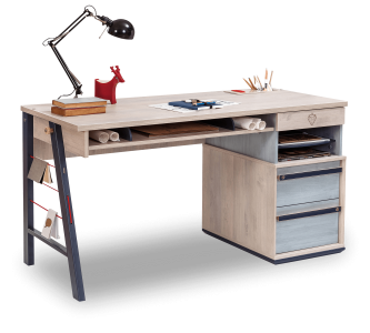 Masa de birou din pal si metal pentru tineret, baieti 12-24 ani, Trio Natur / Blue, l141xA64xH76 cm