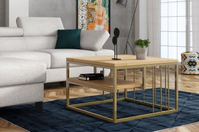 Masa de cafea din pal, cu picioare metalice Corso Auriu, L70xl70xH45 cm-Stejar