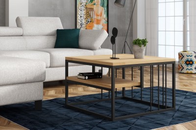 Masa de cafea din pal, cu picioare metalice Corso Negru, L70xl70xH45 cm-Stejar