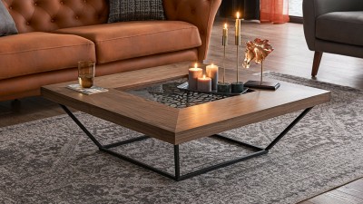 Masa de cafea din MDF, metal si sticla, Gaudi Nuc, L100xl100xH32 cm