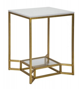 Masa de cafea din metal si sticla Double Marble Alb / Auriu, L47xl47xH60 cm