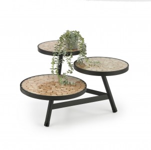 Masa de cafea din sticla, lemn si metal, Natasha 3P Natural / Negru, L80xl48xH49 cm