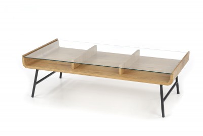 Masa de cafea din sticla, MDF si metal Amarine Golden Oak / Black, L120xl60xH36 cm