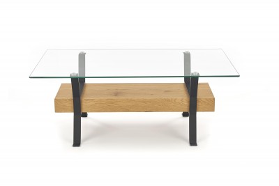 Masa de cafea din sticla, MDF si metal Meryon Stejar / Negru, L110xl60xH43 cm