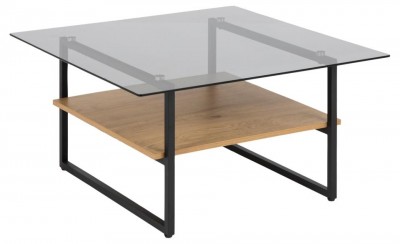 Masa de cafea din sticla, pal si metal, Okaya Square Stejar Wild / Negru, L80xl80xH42 cm