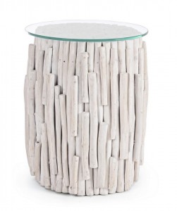 Masa de cafea din sticla si lemn de tec Sahel Round Transparent / Ivoir, Ø50xH50 cm