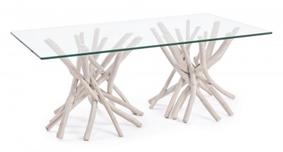 Masa de cafea din sticla si lemn de tec Sahel Large Transparent / Ivoir, L110xl60xH40 cm