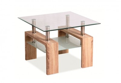 Masa de cafea, din sticla si MDF Lisette D Basic Transparent / Stejar Sonoma, L60xl60xH45 cm
