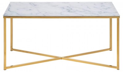 Masa de cafea din sticla si metal, Alisma Rectangle Alb / Auriu, L90xl50xH45 cm