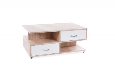 Masa de cafea pe rotile, din pal cu 2 sertare Astrela Stejar Sonoma / Alb, L100xl60xH45 cm