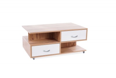 Masa de cafea pe rotile, din pal cu 2 sertare Astrela Stejar Wotan / Alb, L100xl60xH45 cm