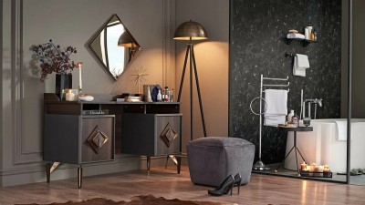 Masa de machiaj din MDF si pal, cu 2 usi Valentin Nuc / Gri inchis, L139xl49,9xH84,9 cm