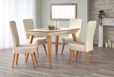 Set masa extensibila din lemn de fag si MDF Ordell Oak + 2 scaune Ordell II + 2 scaune Ordell Light Beige, L140-190xl85xH76 cm
