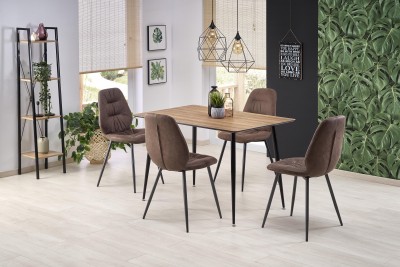 Set masa din MDF si metal Artie Nuc / Negru + 4 scaune tapitate cu stofa Kai-312 Maro, L120xl80xH76 cm