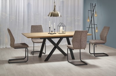 Set masa extensibila din MDF si metal Capitano Golden Oak / Black + 4 scaune Kai-272 Dark Beige Dallas, L160-200xl90xH76 cm