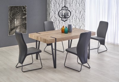 Set masa din MDF si metal Yonatan San Remo Oak / Black + 4 scaune Kai-300 Black / Grey, L170xl90xH76 cm