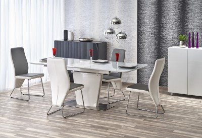 Set masa extensibila din sticla si MDF Patton White + 4 scaune Kai-299 White / Grey, L160-200xl90xH76 cm